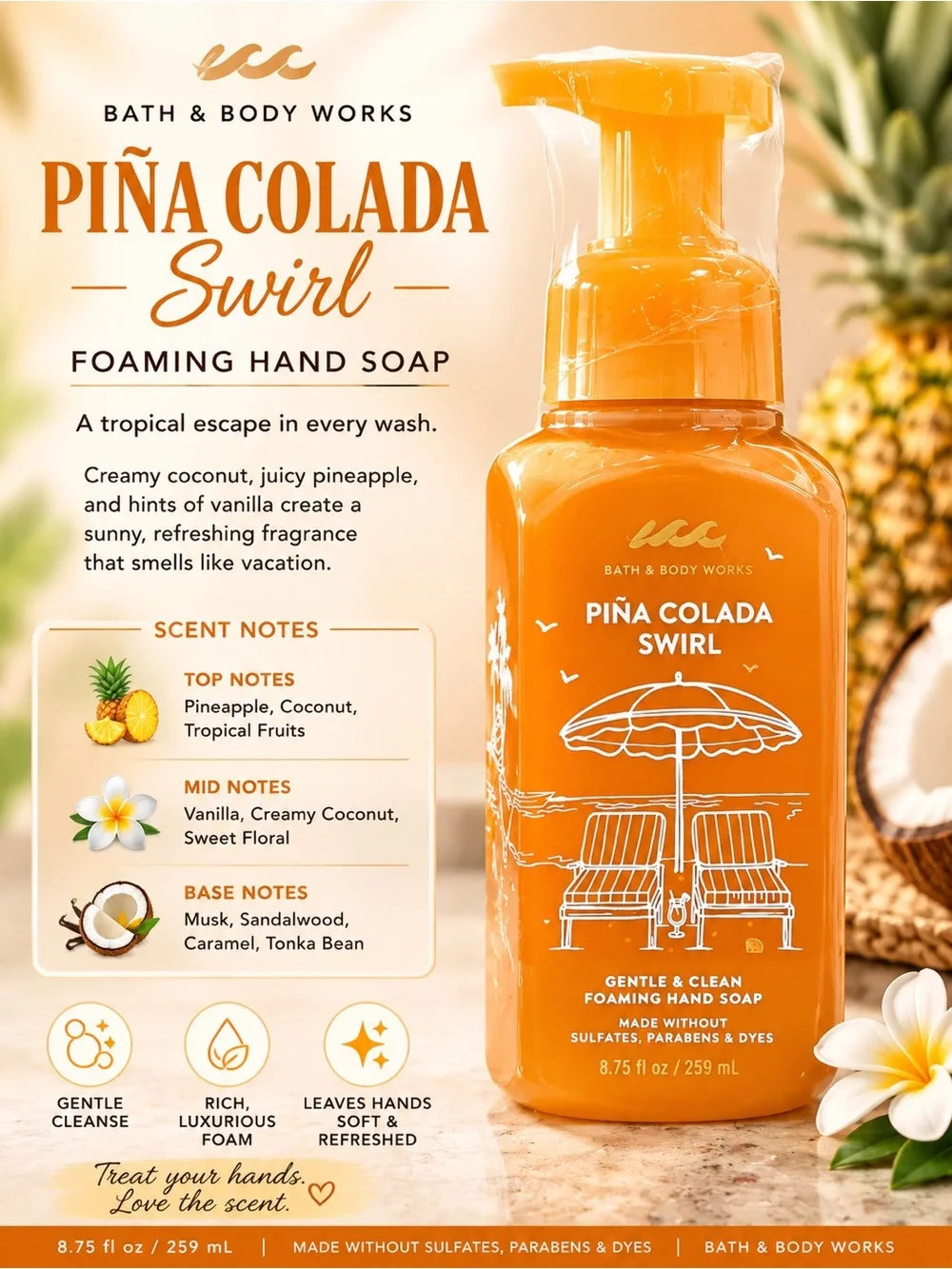 Bath & Body Works Piña Colada Swirl Foaming Hand Soap - Orange